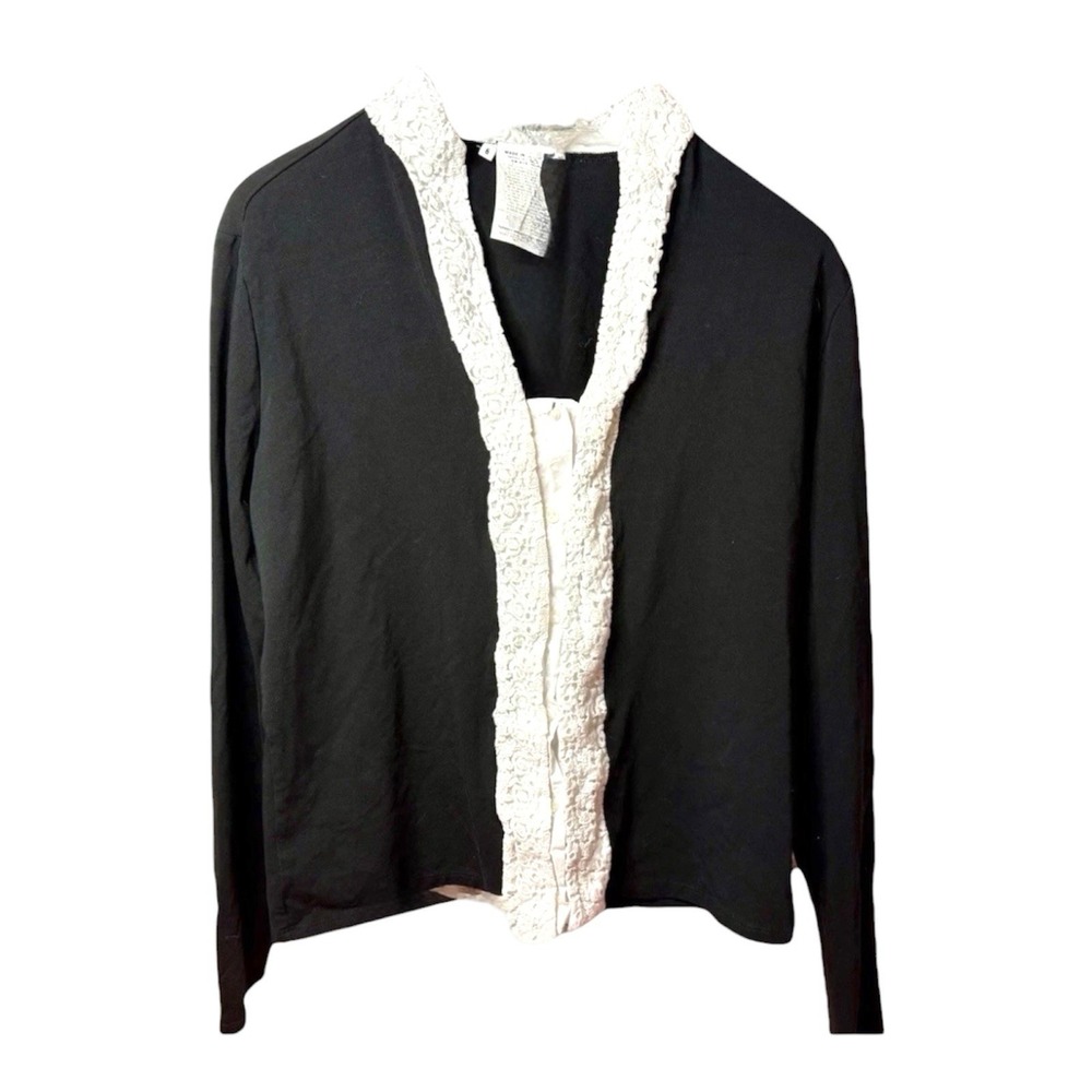 Nara Camicie Women's Size 6 Black White Lace Trim Blouse Italy Button Front